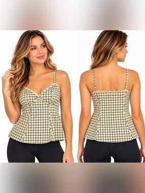 ZARA Plaid Corset Cami Tank Top S Yellow Black Lace Trim Bustier Y2K